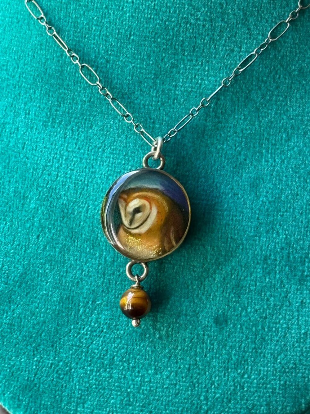 Y2K Indie Barn Owl Necklace with Tiger's Eye and some Sterling Silver